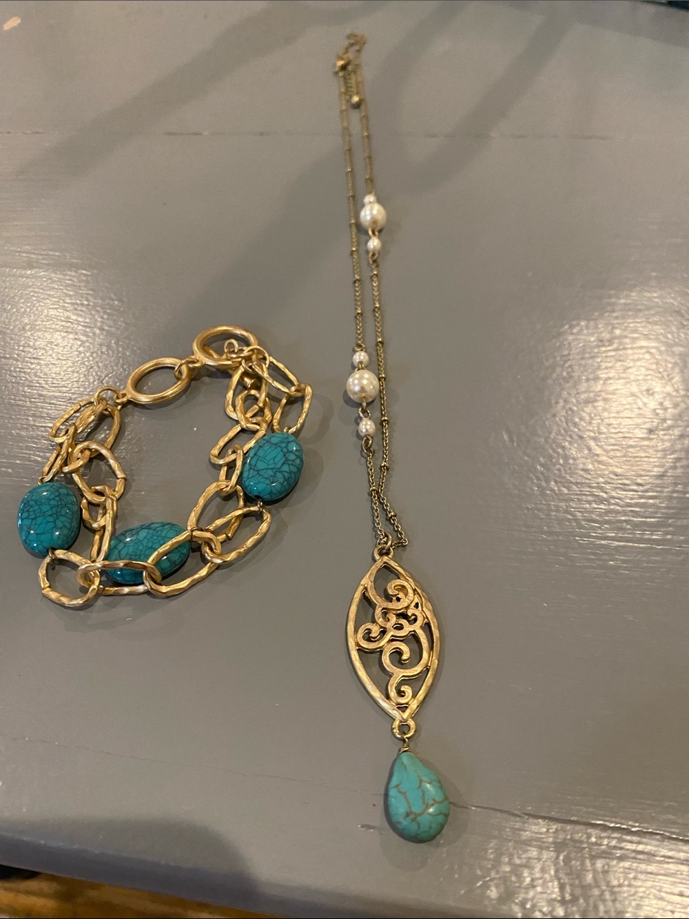 Gold-Tone Filigree Pendant Necklace with Turquoise Teardrop